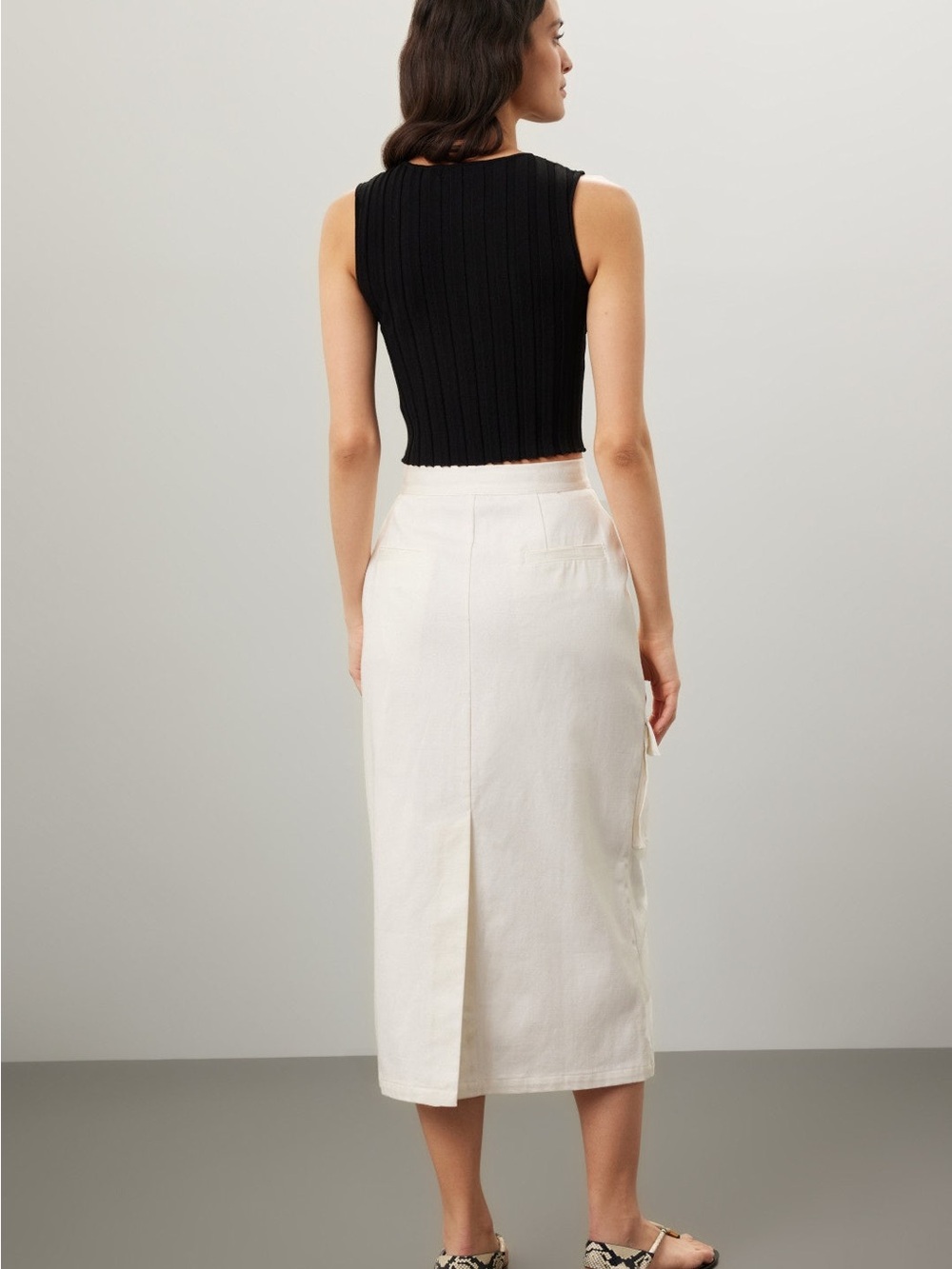 High-Rise Cream Cargo Midi Skirt with Utility Pockets - Picture 2 of 6